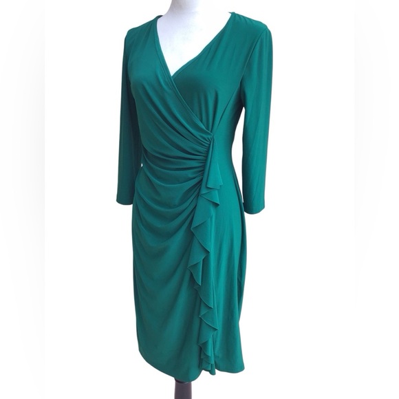 Evan Picone Black Label Green Long Sleeve Ruffle Dress Size 8 - Picture 3 of 5